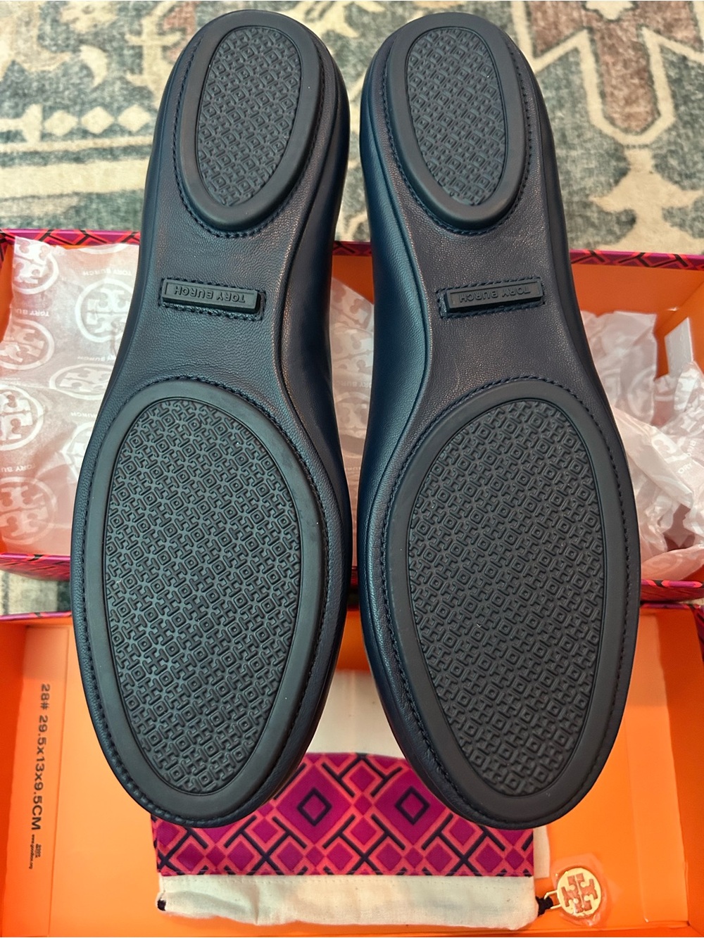Tory Burch Navy Leather Flats with Blue Logo Medallion - Picture 3 of 5